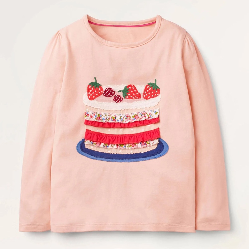Mini Boden Girls Pink Ruffle Appliqué Long Sleeve Strawberry Cake Shier